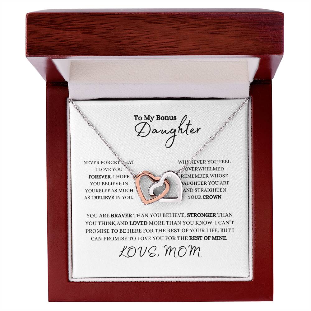 To My Bonus Daughter | Love Mom | Interlocking Hearts Necklace