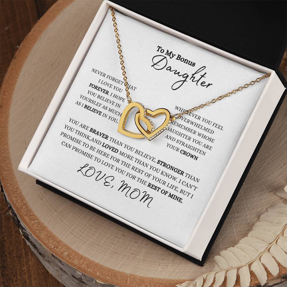 To My Bonus Daughter | Love Mom | Interlocking Hearts Necklace