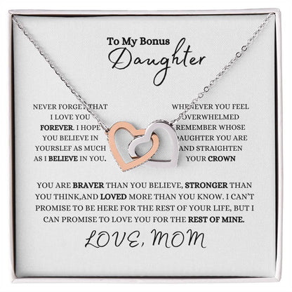 To My Bonus Daughter | Love Mom | Interlocking Hearts Necklace