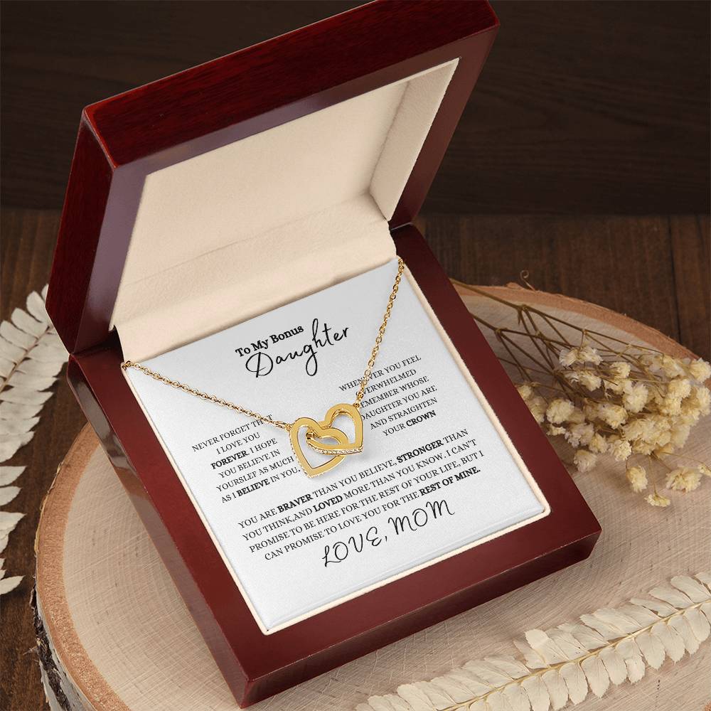 To My Bonus Daughter | Love Mom | Interlocking Hearts Necklace