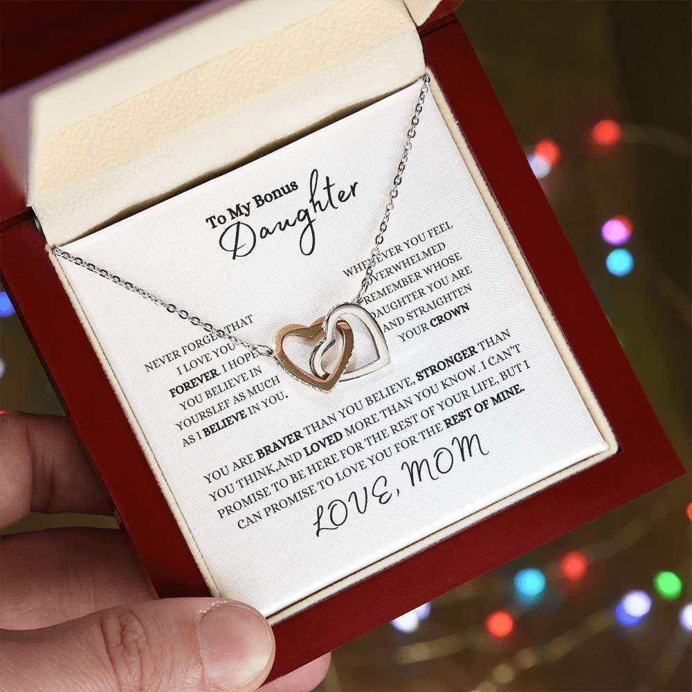To My Bonus Daughter | Love Mom | Interlocking Hearts Necklace